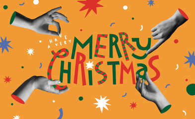 Deco Christmas text and human hands in retro 90s collage illustration