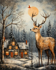 A Holiday scene with Reindeer and a country landscape.