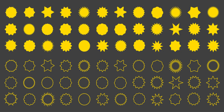 Flat simple yellow starburst shapes. Sticker, label, promotional badge on dark background