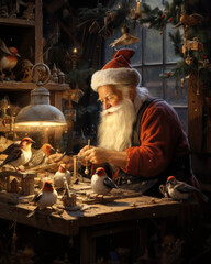 Holiday, Santa in his workshop with birds. Christmas theme. holiday card