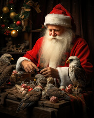 Holiday, Santa in his workshop with birds. Christmas theme, holiday card