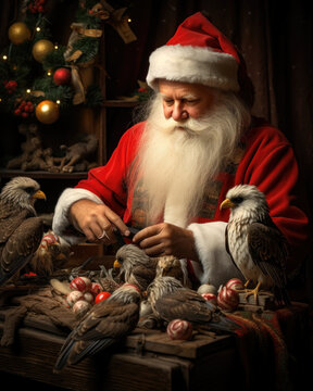 Holiday, Santa in his workshop with birds. Christmas theme, holiday card