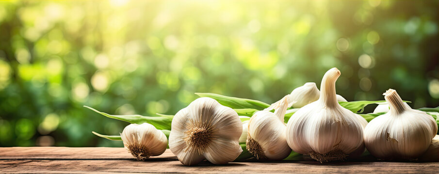 More garlics bulbs on wooden table against green background. White garlic heads on board.