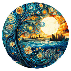 Round fantasy night landscape with flowers and sky with stars in dark blue colors png isolated on a transparent background, watercolor clipart illustration
