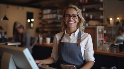 A female cashier, Portrait of smiling merchant uses touchpad to accept customer payments, small business cafe cafeteria, Cashier working in store. - obrazy, fototapety, plakaty