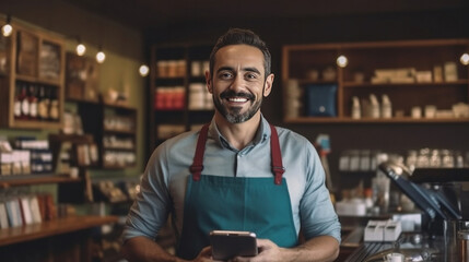 A male cashier, Portrait of smiling merchant uses touchpad to accept customer payments, small business cafe cafeteria, Cashier working in store. - obrazy, fototapety, plakaty