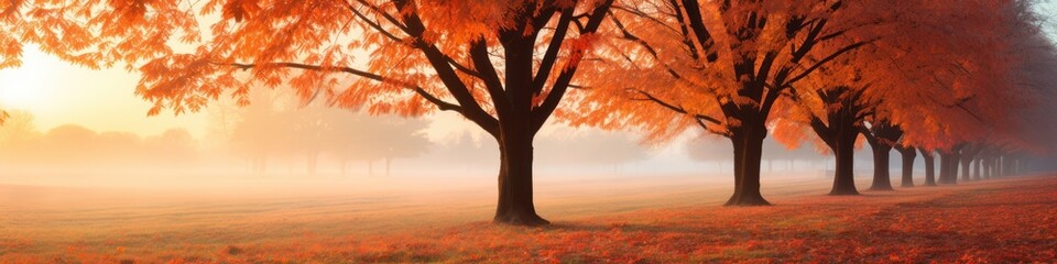 Orange tree with red-brown maple leaves in the park in autumn amidst the sunset mist