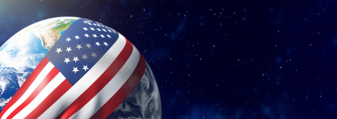 Flag of the United States on the Earth. Star Spangled flag, American flag. Colorful national flag. digital illustration,, World domination of the USA. America with copy space. VS taking over the world - obrazy, fototapety, plakaty