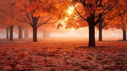 Orange tree with red-brown maple leaves in the park in autumn amidst the sunset mist