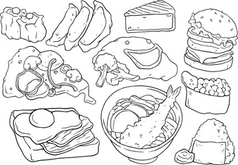 Vector set of fast food hand drawn illustration, with burger, sushi, sandwich, fried eggs, omelet, pizza, isolated on white. black line vector set