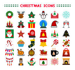 Christmas icons set. Xmas winter decorations isolated on white background. Cartoon colorful illustration. Color flat design.
