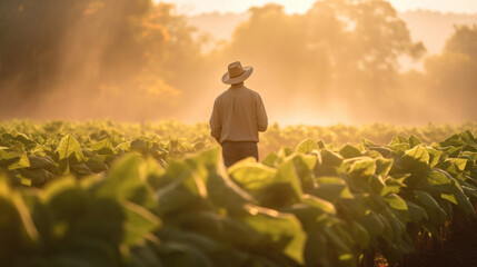 A young male agronomist farmer in a tobacco field.