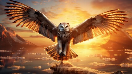 Owl, surprisingly out at dawn, performing a serene dance with the rising sun as a backdrop.