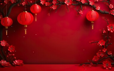 Spring Festival Stage Poster. Chinese New Year decorations on bright red background, copy space. Hanging lanterns, sakura - obrazy, fototapety, plakaty