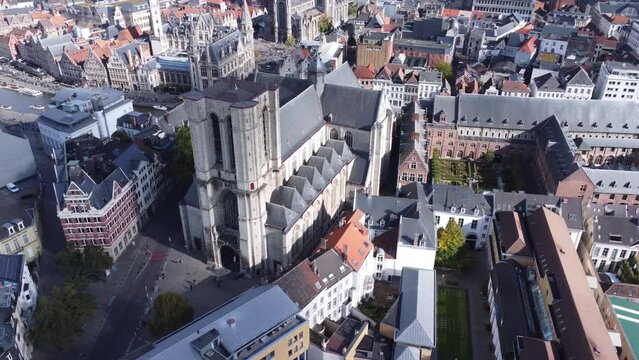drone video Saint-Michel Church, Sint-Michielskerk Ghent Belgium Europe