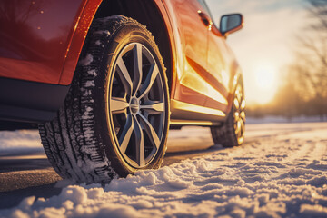 Close-up of a car's wheel navigating snowy terrain, showcasing the reliability of winter tires - obrazy, fototapety, plakaty