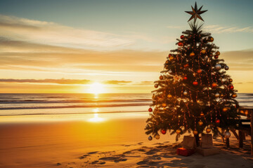 Christmas tree on the beach at sunset, concept for Christmas and New Year in warm countries