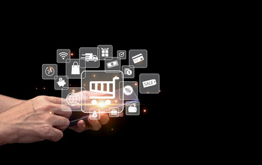 Digital marketing. Businessman using smartphone wtih global circle interface payment online shopping and finance icon for customer network connection. Data exchanges. Business innovation.