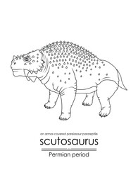 Scutosaurus, a Permian period prehistoric armor-covered pareiasaur parareptile, black and white line art. Perfect for coloring and educational purposes.