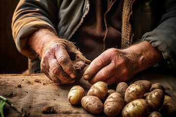 The hands of a farmer checking the potatoes in the field.AI generative.