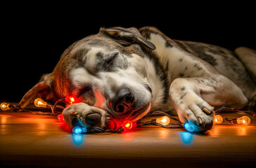 Beautiful puppy and Christmas lights generative ai
