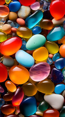 Multicolored sea glass stones of various shapes and sizes as background,top view, close-up.