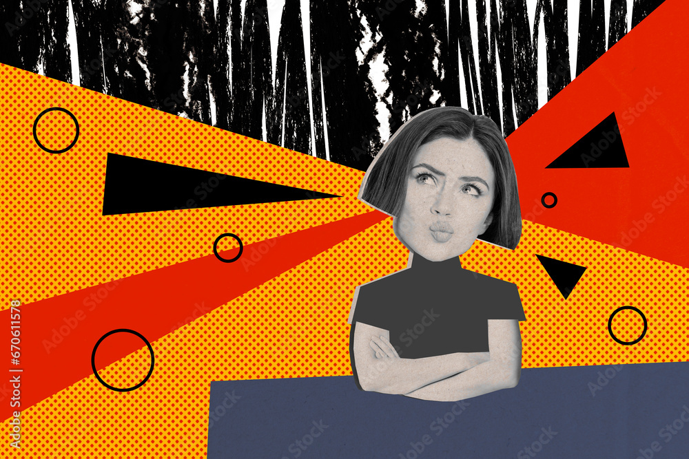 Poster poster image collage of minded girl with crossed arms pouted lips solving question isolated on color