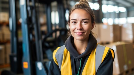 Young female worker smiling looking at camera driving an industrial forklift