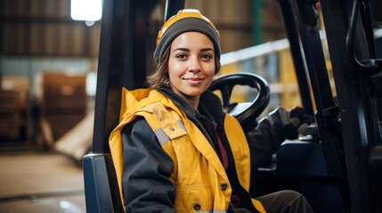 Young female worker smiling looking at camera driving an industrial forklift