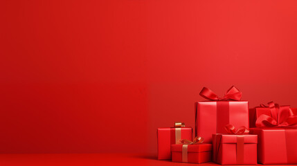 Mikołajki - prezenty pod choinkę na gwiazdkę - czerwone tło na życzenia na święta Bożego Narodzenia. Xmas. Wesołych Świąt.  - obrazy, fototapety, plakaty
