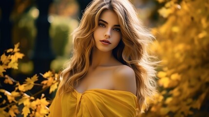 Fototapeta premium Young model is in the autumn park with yellow maple leaves falling from the trees.