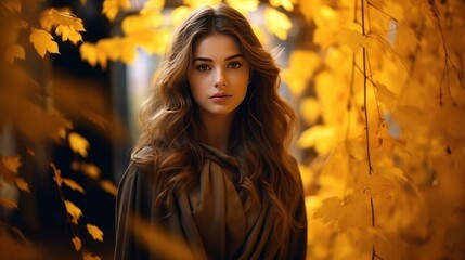 Young model is in the autumn park with yellow maple leaves falling from the trees.