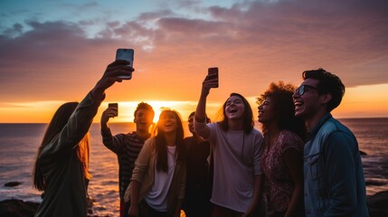 Young people take group selfies with smartphones behind a beautiful sunset and ocean.