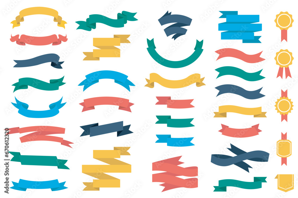 Aufkleber Ribbons mega set in flat cartoon design. Bundle elements of different colors blank ribbons with folded and scrolling edges and award medals templates. Vector illustration isolated graphic objects