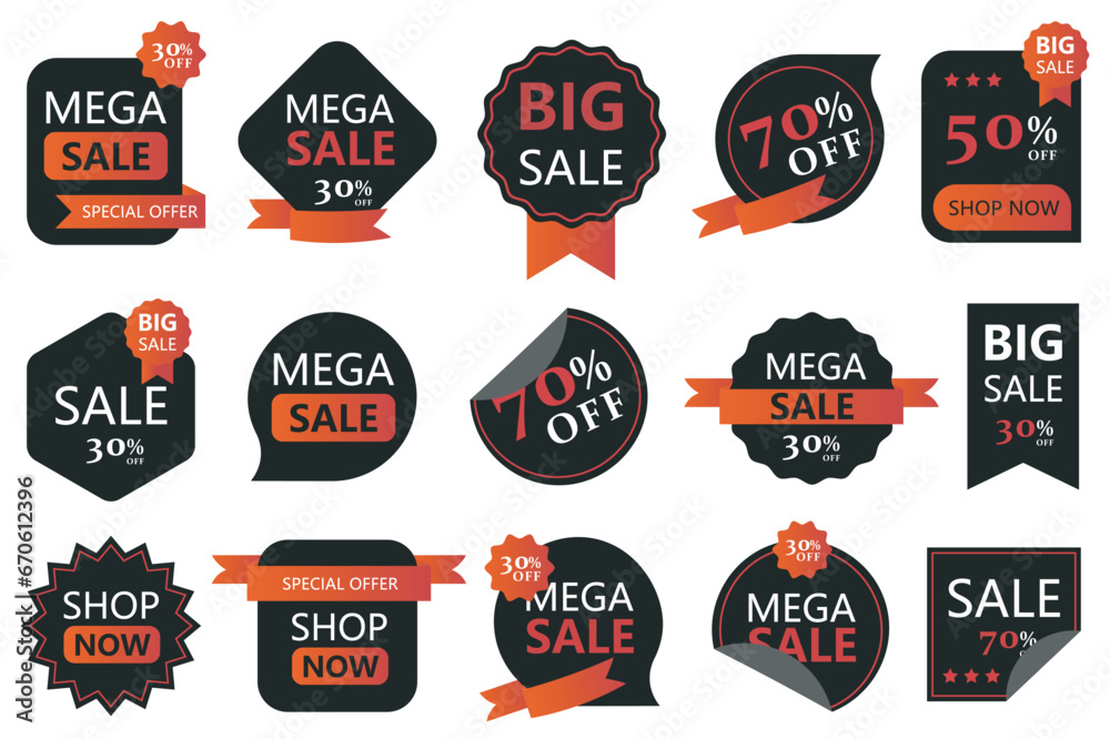 Aufkleber sale price tags mega set in flat cartoon design. bundle elements of black badges templates with diff
