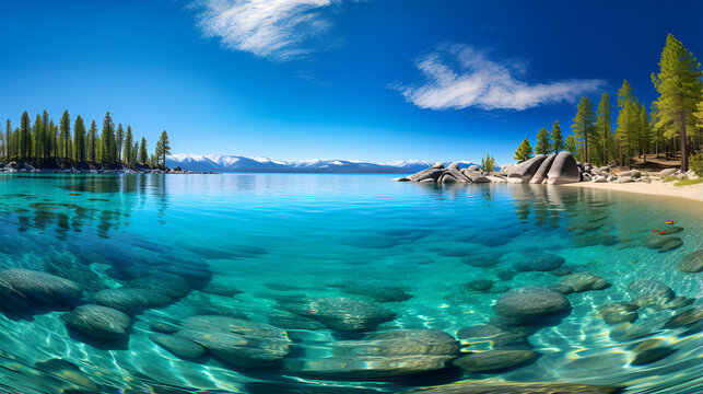 beach with turquoise waters,Mountain Lake Tahoe Panorama: Beautiful Crystal Clear Water,HD Wallpaper