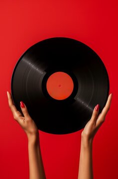 Close up of womans hand holding old vinyl retro record music audio on a red background.