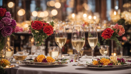 Fototapeta na wymiar Champagne glasses, plate, flowers