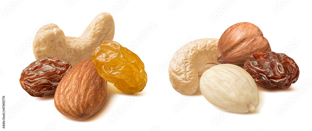 Wall mural cashew, hazelnut, blanched almond and raisin set isolated on white background - Wall murals