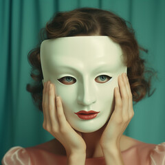 1970s woman hiding behind a mask 