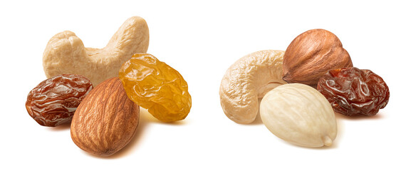 Cashew, hazelnut, blanched almond and raisin set isolated on white background