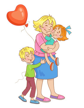 Happy Mother's Day! Happy mother stands hugging her son and daughter. In cartoon style. Isolated on white background. Vector illustration