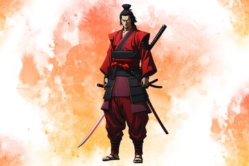 Fototapeta premium Anime Samurai Hero in Red Kimono (JPG 300Dpi 10800x7200)