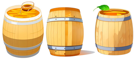 Set of barrels containing fresh sweet honey on transparent background.