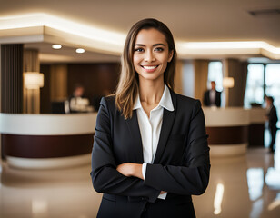 Professional female hotel worker smiling in front of the hotel reception desk. Successful hotel manager