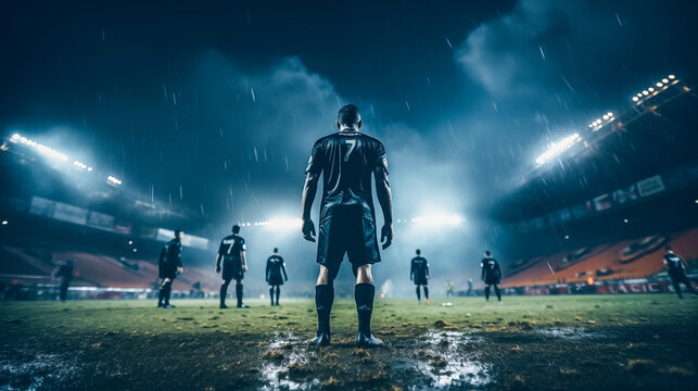 Rear view of soccer player standing on the field at night. Mixed media.