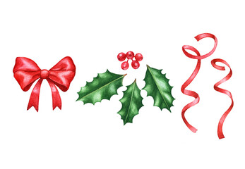 Watercolor christmas holly, bow and ribbons isolated on white background.