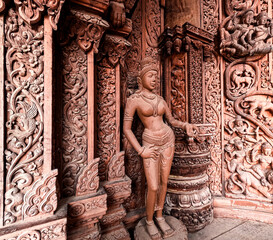 Wood carved goddess Hindu deity from Sanctuary of truth - obrazy, fototapety, plakaty
