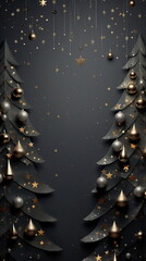 Stylish Christmas dark gray background with volumetric 3D elements, Christmas trees, gold and...