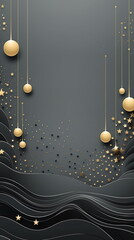 Stylish Christmas dark gray background with volumetric 3D elements, golden balls and cut paper shapes. Wallpaper. Vertical. Copy space.